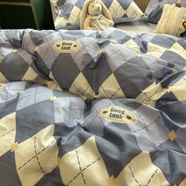 3ZBYins蓝色菱形格子床上四件套全棉纯棉简约1.5m1.8米被套床单三