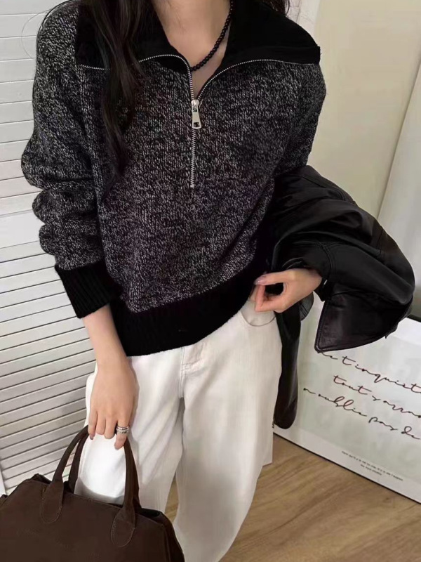 2025年新款花纱撞色半拉链女装高领100%纯羊毛套头韩版长袖羊毛衫|undefined