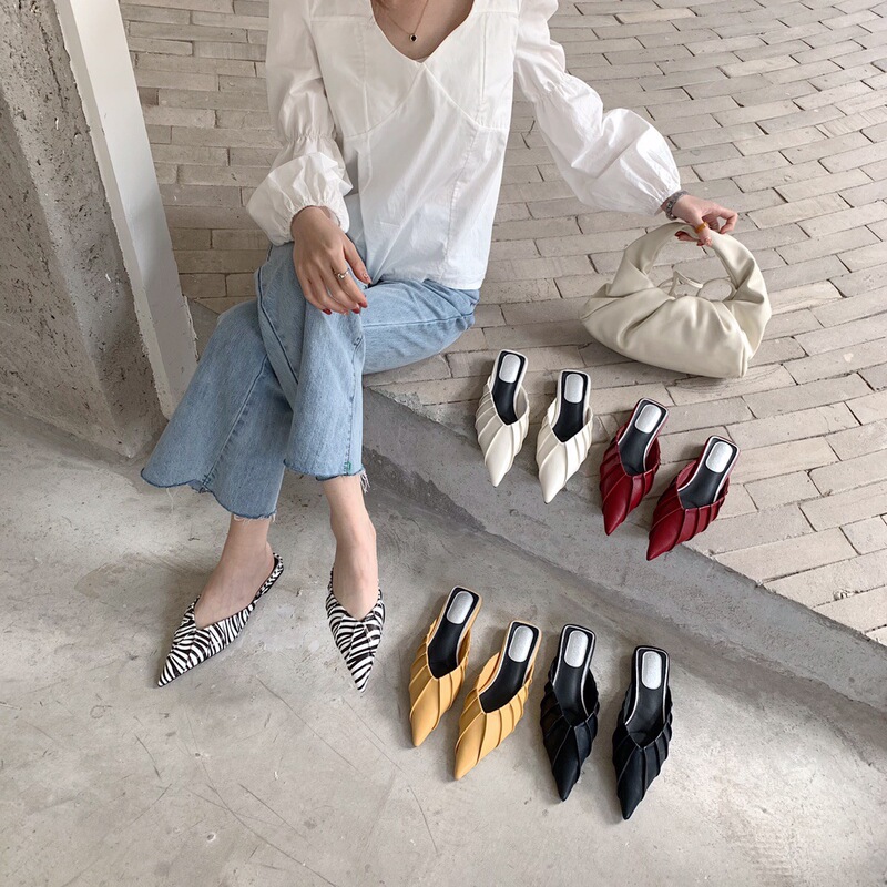 Baotou Pleated Flat Pointed Toe Slippers Flat Comfortable Baotou Pleated Flat Pointed Toe Slippers Flat Comfortable