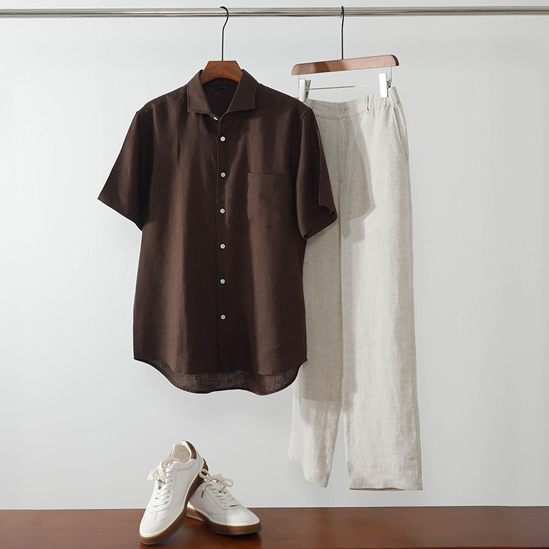 Old Money Style Linen Men's Casual Shirt with Windsor Collar, Short-Sleeve Shirt, Loose Fit, Plus Size Business Casual Outfit Old Money Style Linen Men's Casual Shirt with Windsor Collar, Short-Sleeve Shirt, Loose Fit, Plus Size Business Casual Outfit