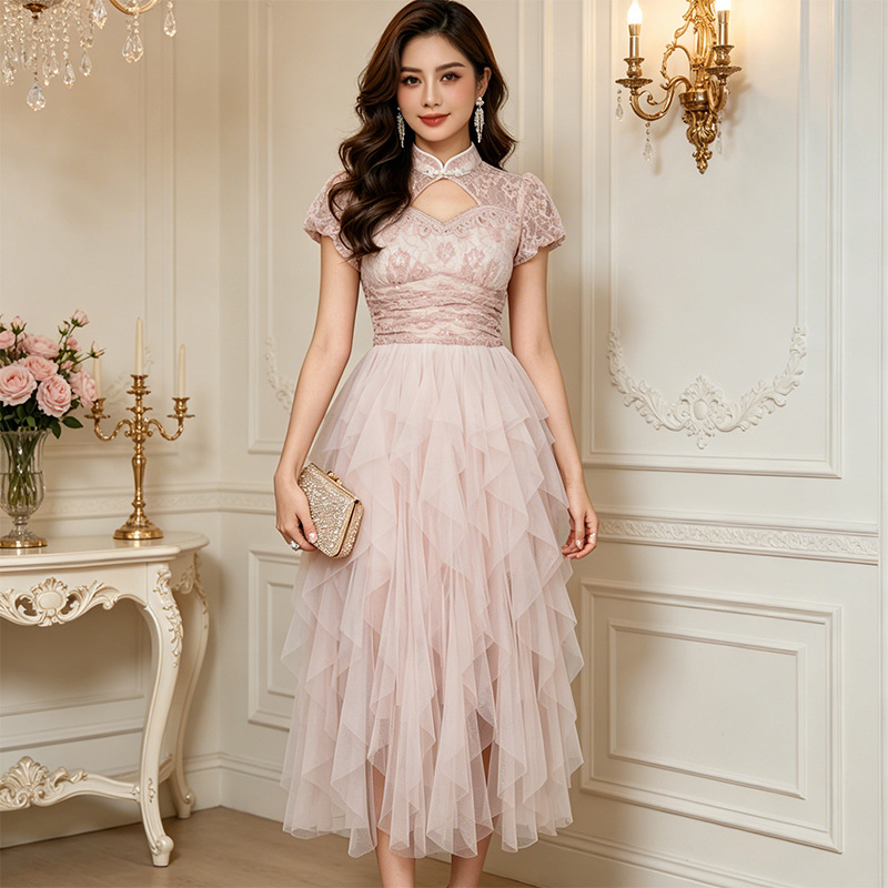 Đầm maxi nữ tân cổ điển cổ tròn ren phối lưới thắt eo — màu hồng chi tiết 2