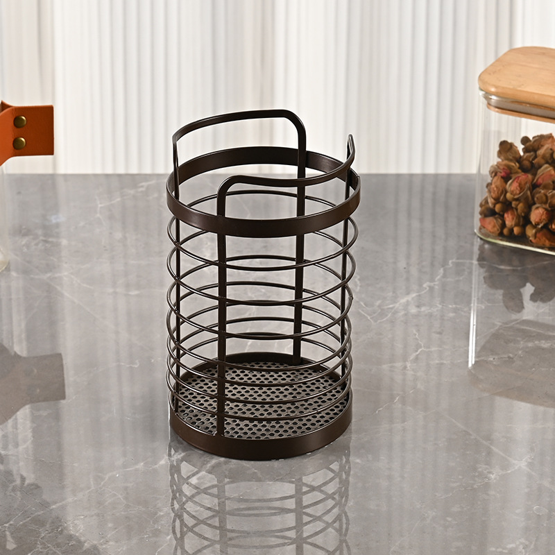 Soporte redondo de bronce antiguo para palillos, venta al por mayor de fábrica, estante de drenaje de hierro para cuchillos y tenedores, organizador de utensilios de cocina para el hogar