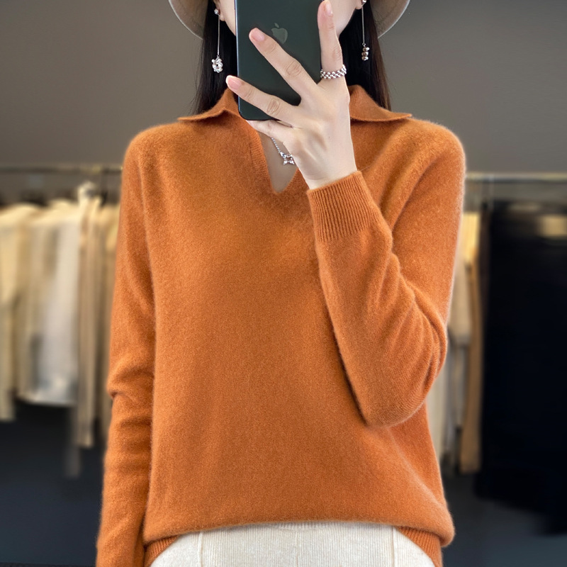 第一線の成衣シームレス純ウール秋冬新女子ショートpolo v襟純色ゆるいニットセーター|undefined