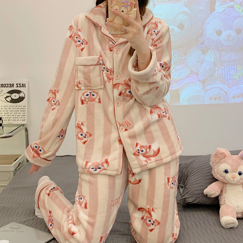 Internet celebridad pijamas de dibujos animados Las Mujeres franela solapa cardigan manga larga Otoño e Invierno máscara engrosada caliente desgaste del hogar traje