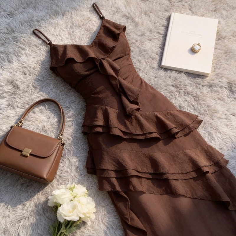 American Retro Brown Suspender Dress for Women, Summer Irregular Ruffled Waist-Cinching Slimming Hot Girl Style Long Dress Trendy American Retro Brown Suspender Dress for Women, Summer Irregular Ruffled Waist-Cinching Slimming Hot Girl Style Long Dress Trendy