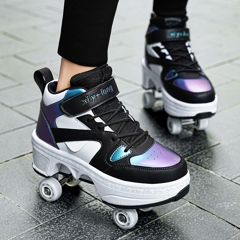 Transformable four‑wheel roller shoes, breathable mesh, unisex, sizes 33–43