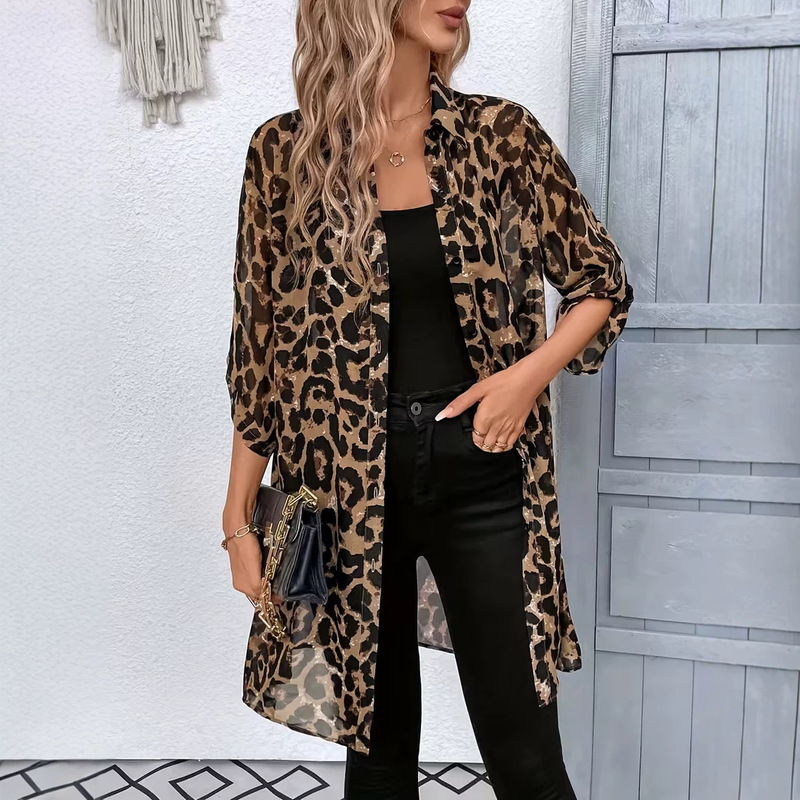 Summer Retro Leopard Print Shirt, Thin and Loose, Breathable and Versatile, Light Luxury Dress That Covers the Body, High-End Leopard Print