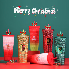 新品710ml大容量2層プラスチックストローカップクリエイティブドリアンカップハンドカップクリスマスグラデーションストローカップ
