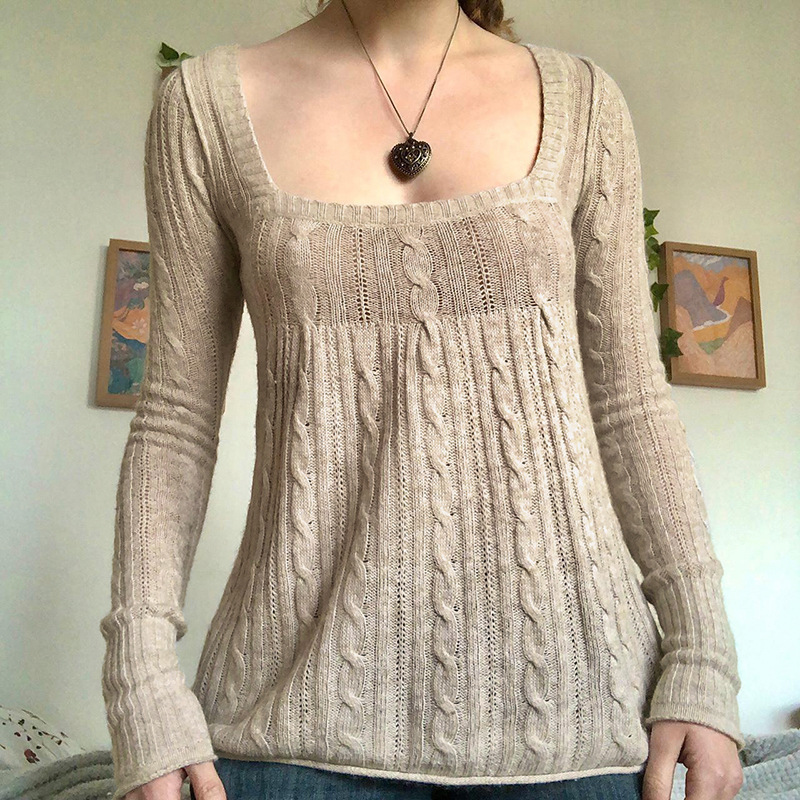 Knitted sweater women's 2022 spring cross-border new retro low-cut square collar twist khaki wool top Knitted sweater women's 2022 spring cross-border new retro low-cut square collar twist khaki wool top