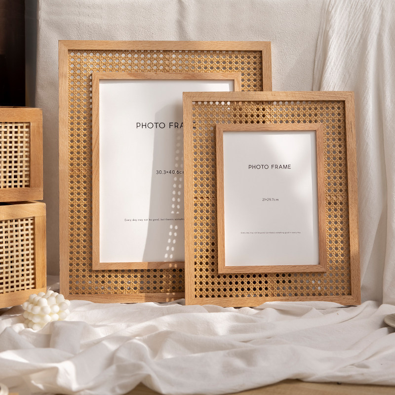 Solid Wood Rattan Weaving Nanyang Style Simple Photo Frame Display Stand for Homestay 7inch Wall-Mounted Desktop Display Decoration DIY Creative Picture Frame