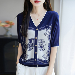Summer 2025 New Versatile Fashion Jacquard Tencel Short-Sleeve Top Thin Fake Cardigan Knitwear