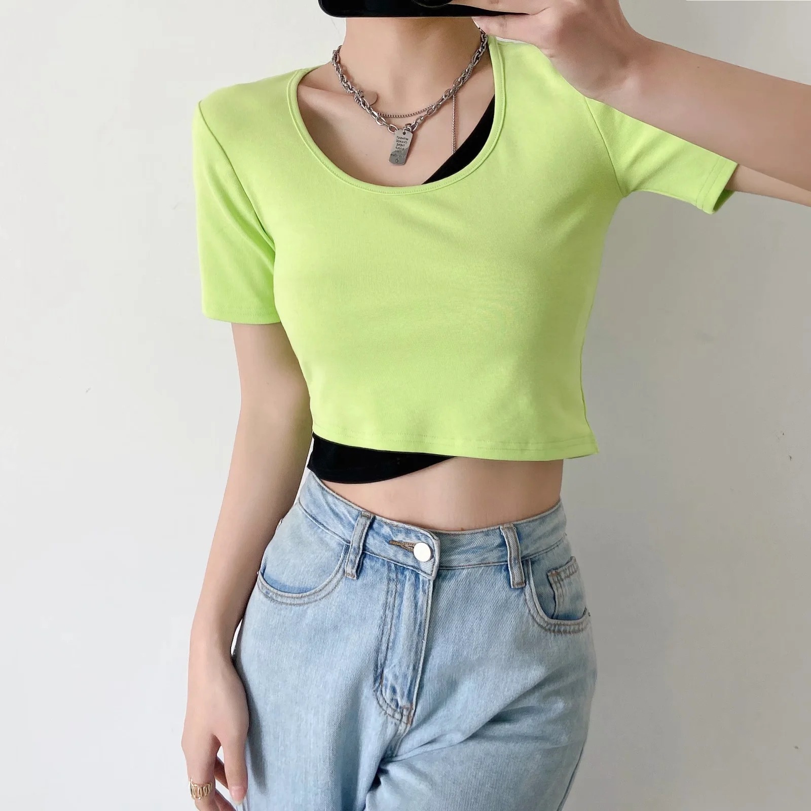 contrast color basic short T-shirt  NSHS43474