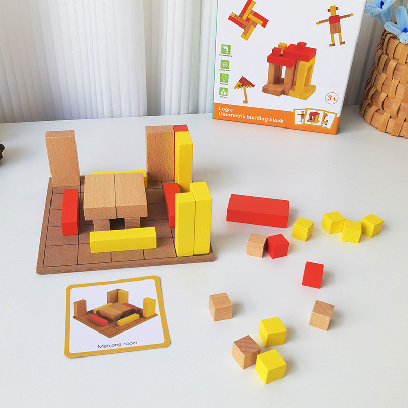 Los niños construyen y construyen bloques de construcción, bloques de construcción geométricos lógicos, ejercicios lógicos, juguetes de madera