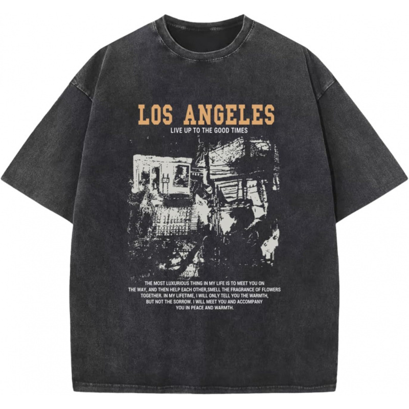 Washed Distressed Cotton230gOversized Graphic Tshirts for Men Acid Wash Lo
