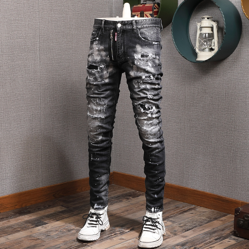 European Station Heavy Youth Trendyy Classy Ripped Paint Dot Slim Fit Small Feet Double Row Zipper Black Denim Men's Trendyy Pants