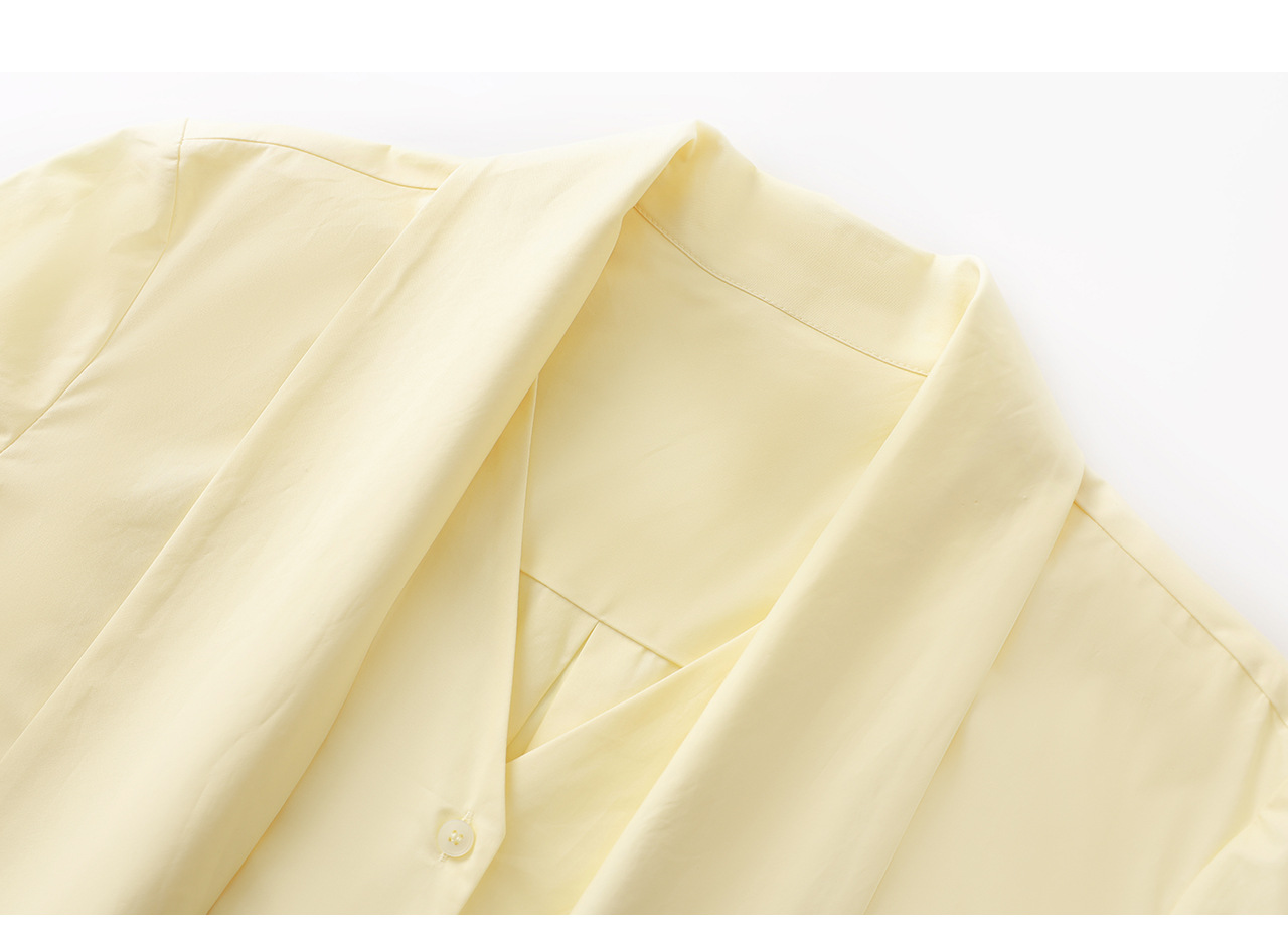 Áo sơ mi nữ dài tay cổ V phối dây rua, chất cotton mềm mại không nhăn — Vàng sữa chi tiết 26