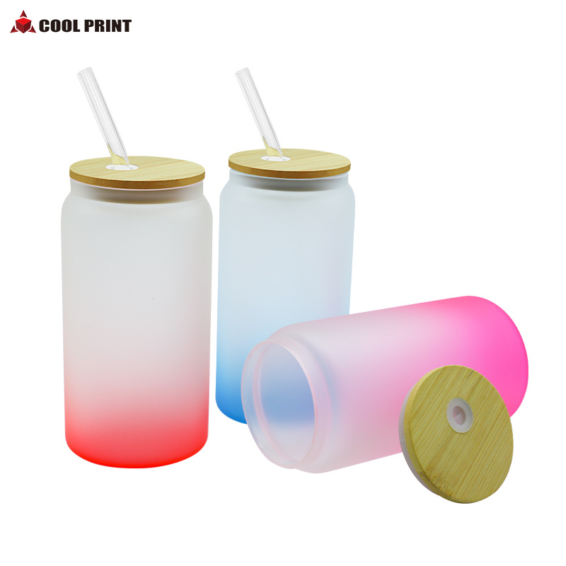 Suministro directo de fábrica de transferencia de calor Amazon 16oz vaso de sublimación de color gradiente mate transparente lata de Cola