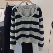 丝柏舍2025秋装新款女装文艺风撞色条纹长袖假两件上衣套头针织衫