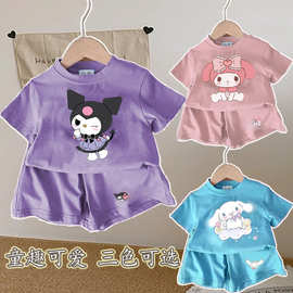 跨境外贸中小女童宝宝多巴胺卡通时尚女孩T恤ins短裤两件套装夏季