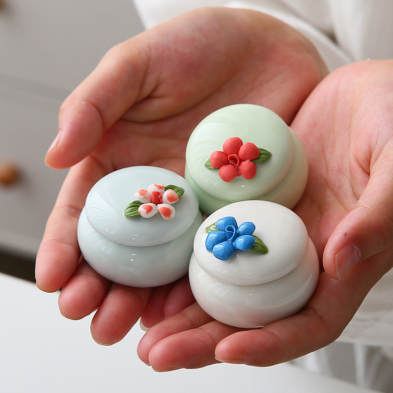 10克新款手捏花香膏陶瓷罐 创意迷你古风胭脂盒 口红密封罐小瓷瓶
