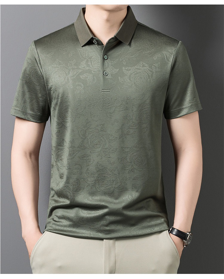 Áo polo nam tay ngắn lụa tơ tằm cao cấp cổ bẻ jacquard họa tiết nổi — Xanh lá cây 9607 chi tiết 14