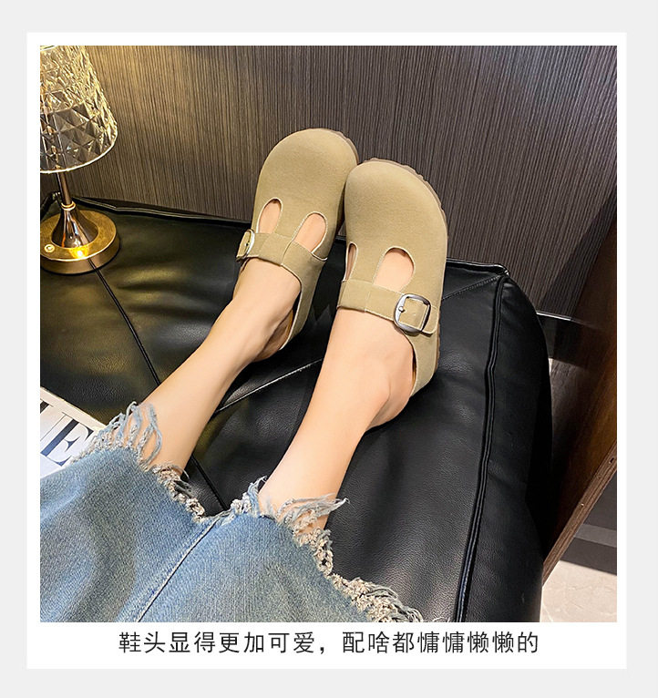 Dép lê nữ Mary Jane bít mũi quai ngang phối khóa cổ điển, đế bằng tăng chiều cao bên trong — Kaki (nửa kéo), Màu vàng (nửa dép) chi tiết 12