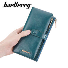 女士 长款钱包Baellerry韩版油蜡皮多卡位手拿包双拉链搭扣卡包女
