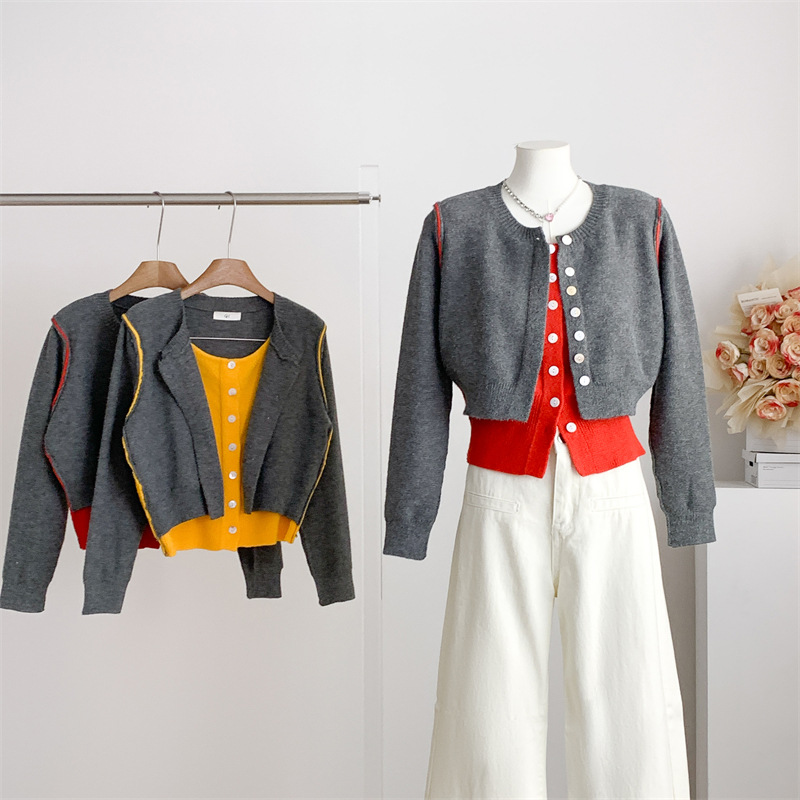 韩系设计感拼接假两件针织衫女秋冬洋气休闲简约百搭撞色毛衣开衫