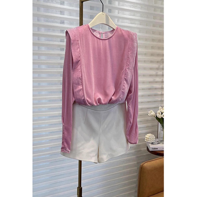 2025 Autumn New Design Niche Socialite Style Top French Pink Sweet Style Velvet Long Sleeve Shirt