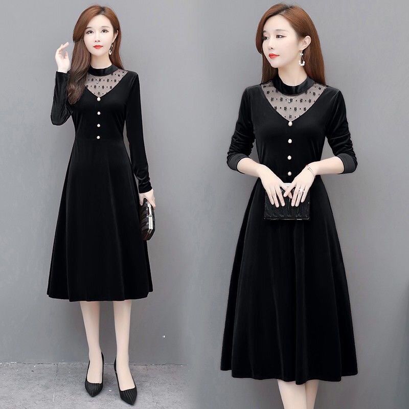 Velvet Dress 2025 New Long-Sleeve V-Neck Fashion Elegant Women's Plus-Size Slimming Dress for Moms