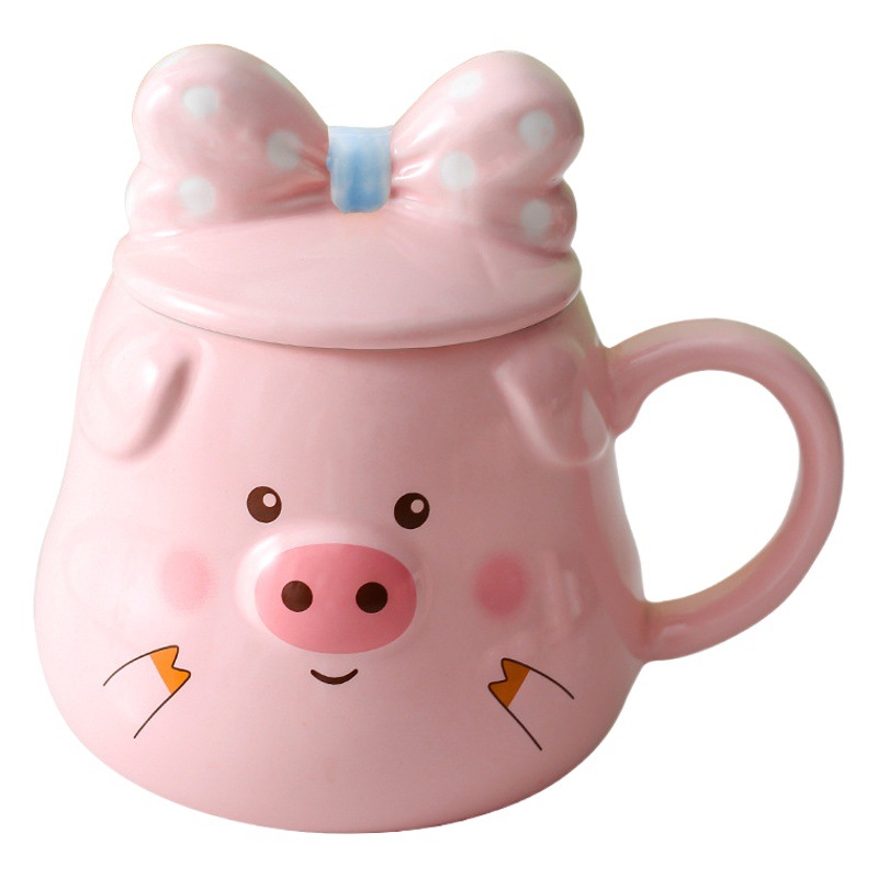 Taza de cerámica creativa lindo cerdo Rosa niña Corazón de dibujos animados taza con tapa cuchara taza de agua taza de café taza de desayuno
