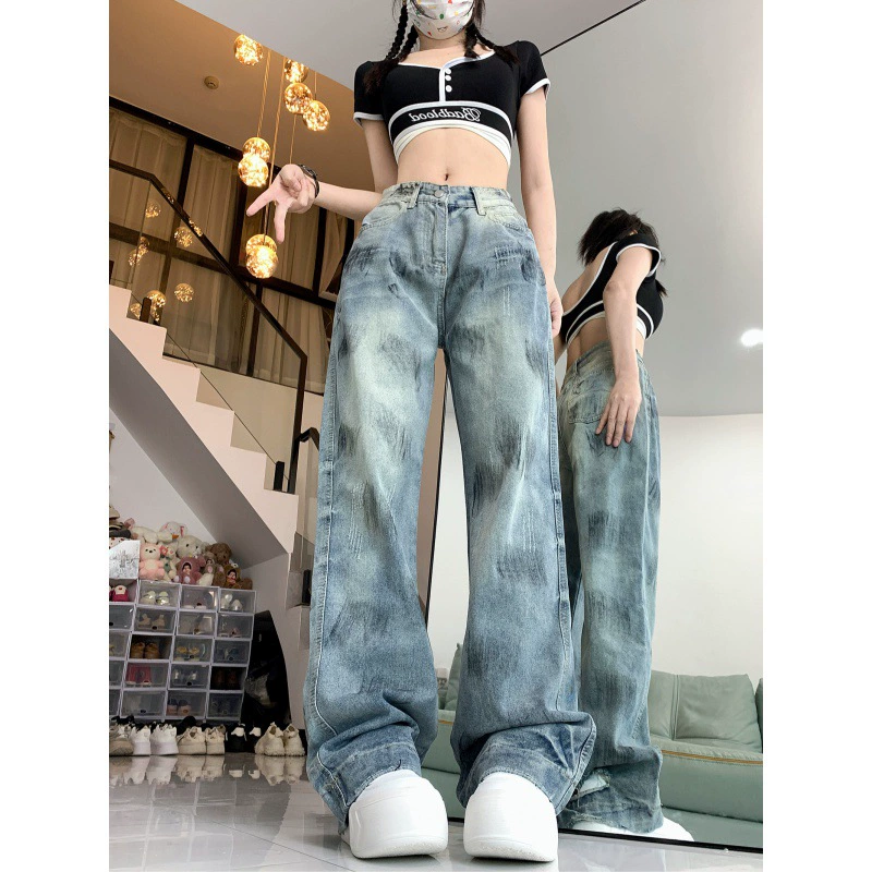 Американские джинсы с галстуком прямые джинсы для мужчин и женщин летнее ретро дикие длинные штаны