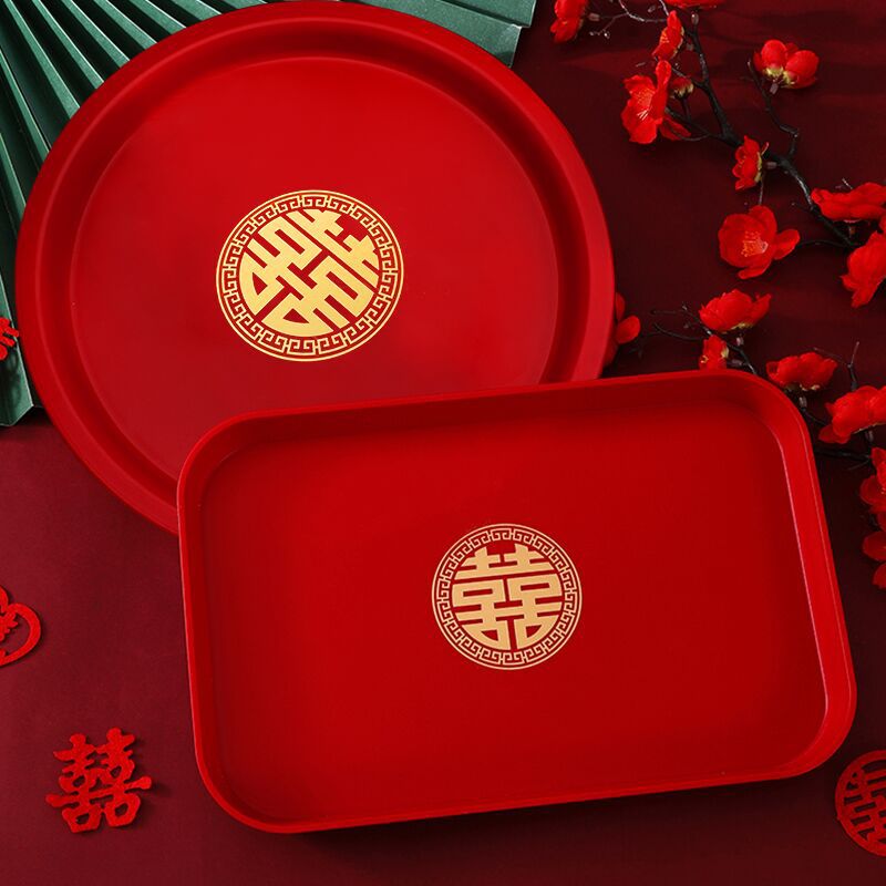Venta al por mayor de boda en forma de XI bandeja de boda de plástico chino plato de fruta seca redondo en forma de XI placa roja novia té Placa de caramelo