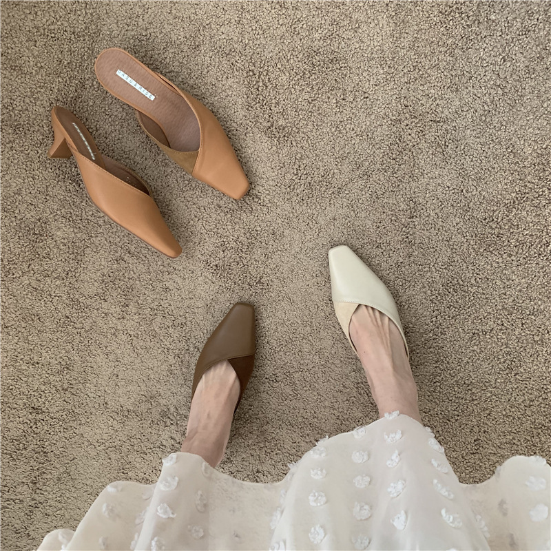 High heels design sense niche single-layer shoes women's shoes 2022 spring and summer new closed toe outer wear half slippers mid heel slippers