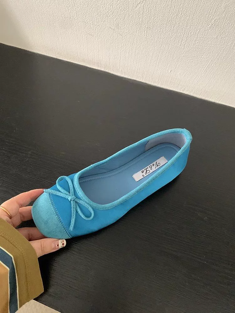 Footwear, blue ballet shoes with bow, french style, soft sole