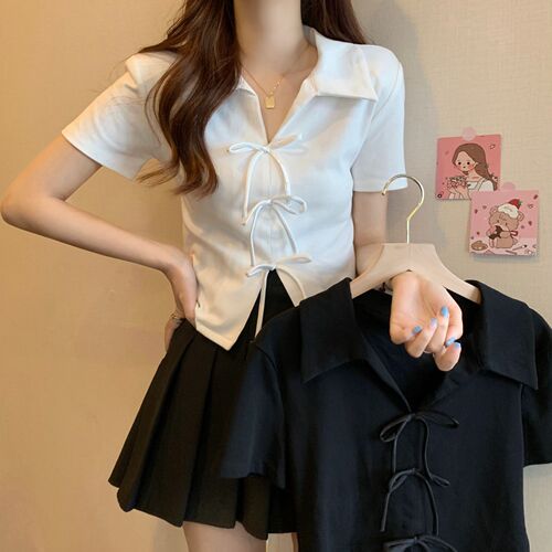 Front shoulder polo collar short-sleeved t-shirt women's summer fat mm slimming loose irregular bow short top