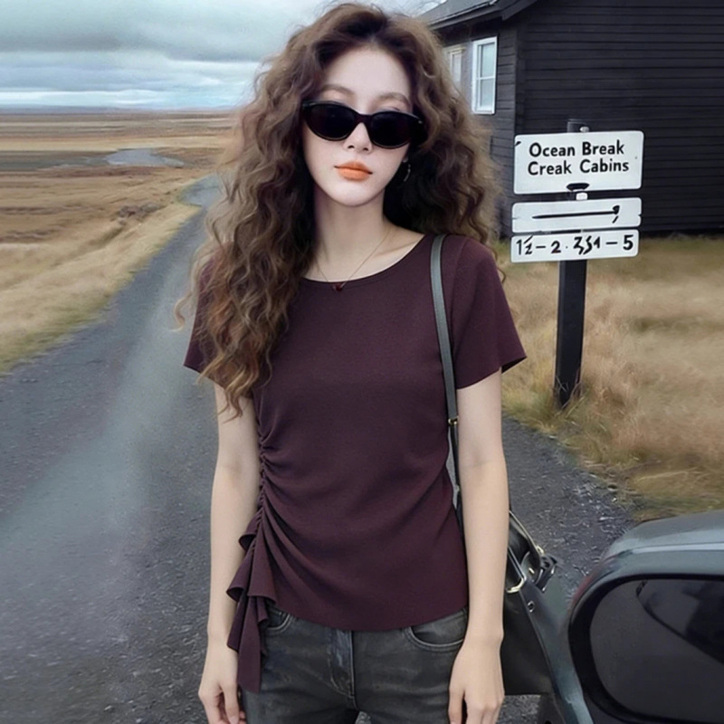 Irregularly Designed Waist-Cinching Short-Sleeved T-Shirt for Women, Slimming, Summer Plus-Size Loose Stylish Top for Plus-Size Women