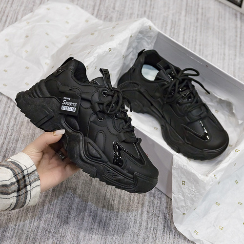 Sports shoes for women dad shoes for women  spring new style leather ins trendy versatile black thick-soled shoes