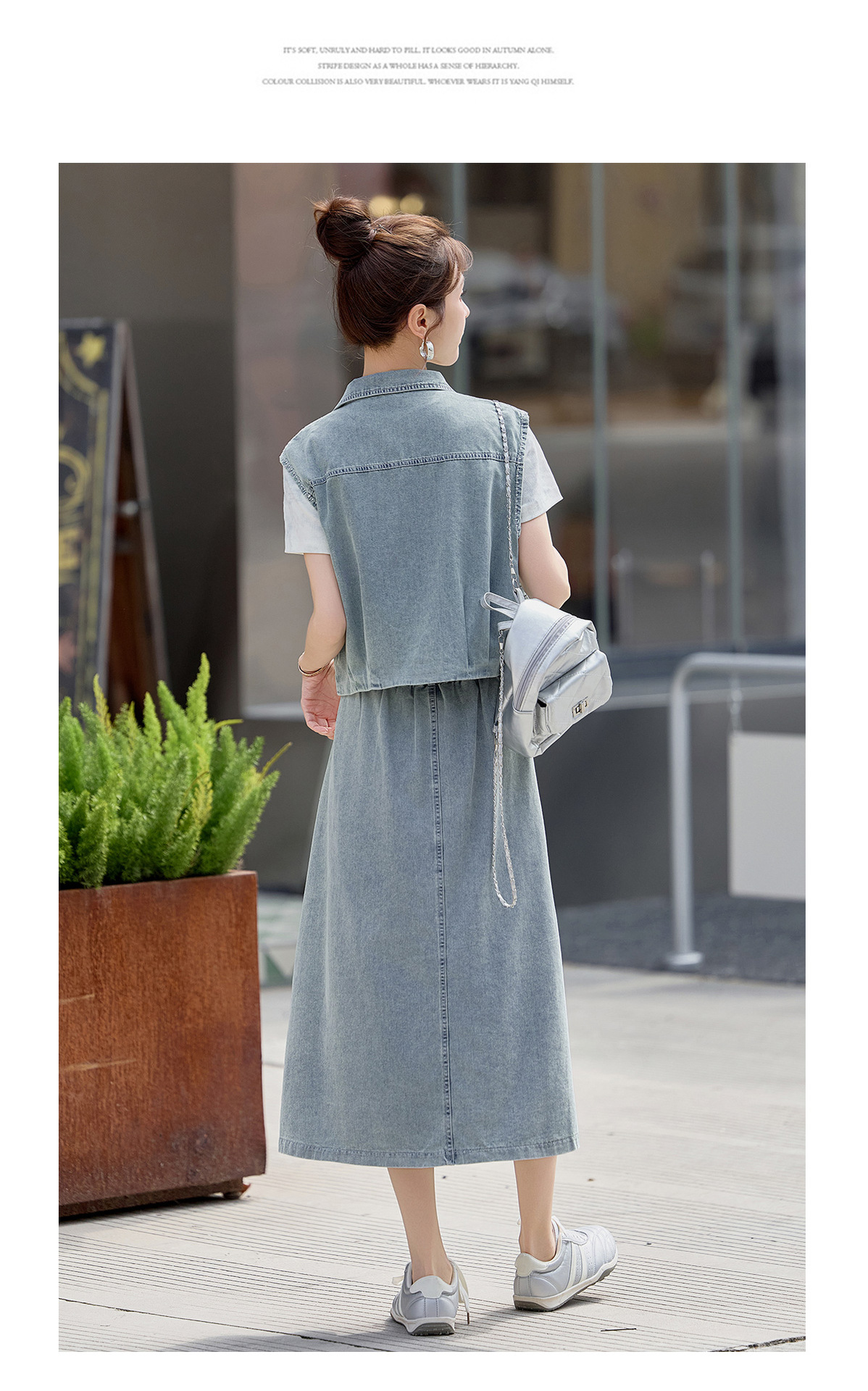 Bộ ba món thời trang nữ hè 2026: áo thun + áo khoác vest denim + chân váy midi — màu xanh nhạt, màu xanh đậm chi tiết 21