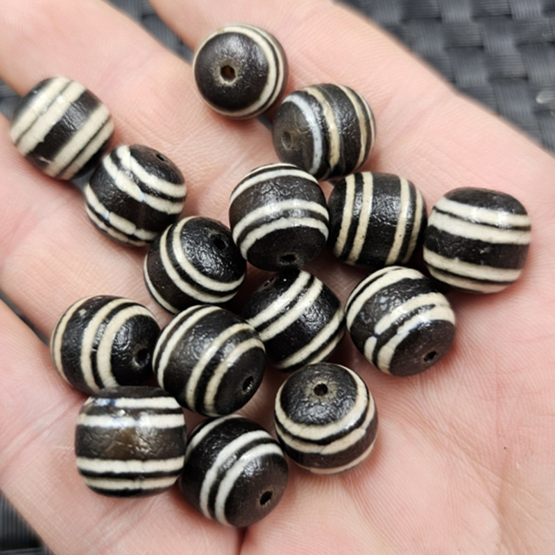 Two-Eye Linear-Shaped Dzi Beads, Loose Jade Beads, Black and White Agate Striped Vintage Beads, Wholesale Jewelry