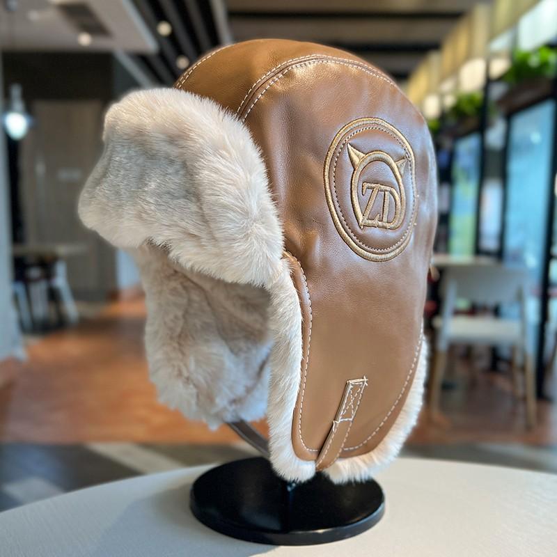Lei Feng female, thick and warm PU leather plush outdoor skiing, cold ear protection flying hat, trendy male_voghion.com