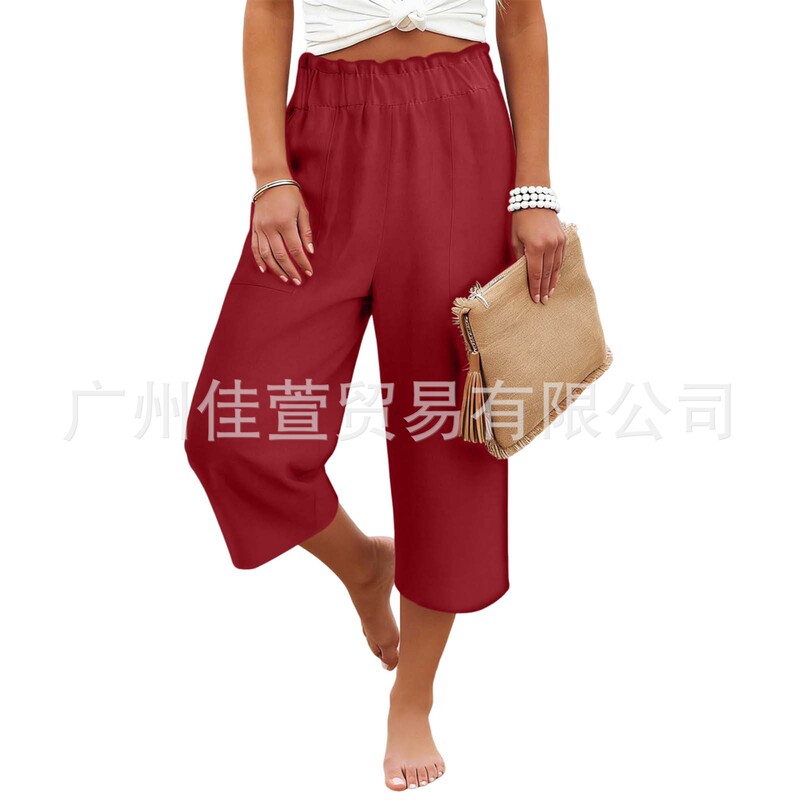Women's Summer Cotton and Linen Solid Color Loose Straight-Leg Pants with Pockets and Lace Elastic Waist, Cropped Length Women's Summer Cotton and Linen Solid Color Loose Straight-Leg Pants with Pockets and Lace Elastic Waist, Cropped Length