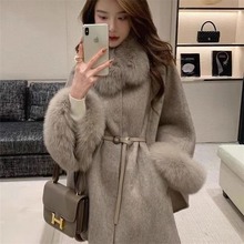 高级毛呢斗篷大衣女仿狐狸毛领2024秋冬新款韩版披肩双面毛呢外套