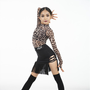 Children girls leopard latin dance dresses modern ballroom Latin dance clothes Standard exercise latin dance costumes for kids 