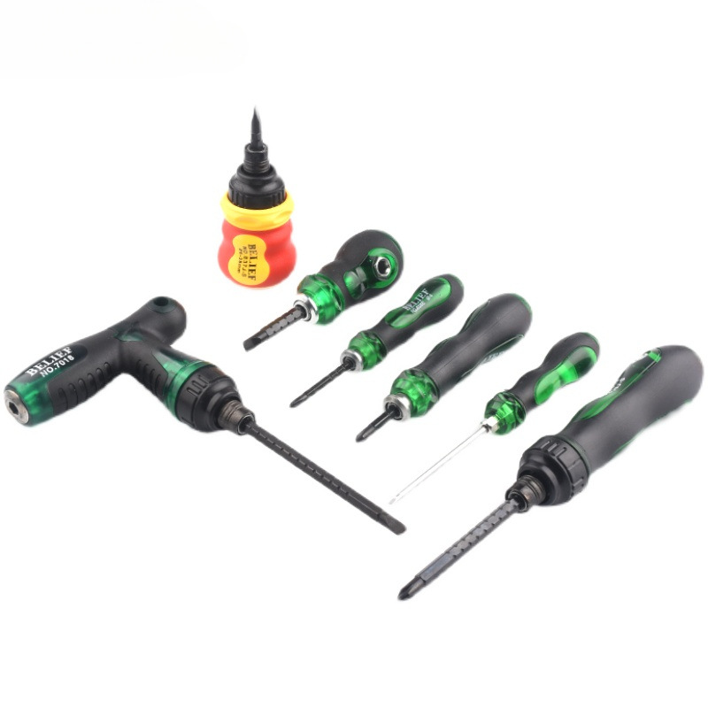 Destornillador telescópico de trinquete, orificio de refuerzo, destornillador bidireccional de tres usos, destornillador cruzado/multiusos de una palabra