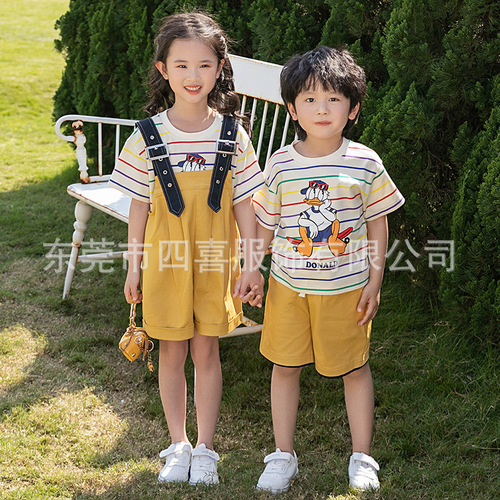 Children's cartoon short-sleeve T-shirt striped parent-child set summer dress mother and daughter overalls set family of four mother and son set trendy