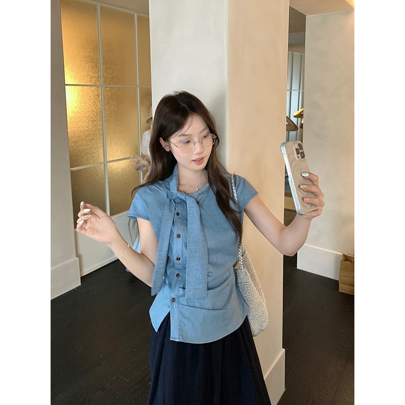 77 高级感条纹小飞袖飘带斜门襟衬衫女不规则休闲显瘦百搭上衣夏|undefined