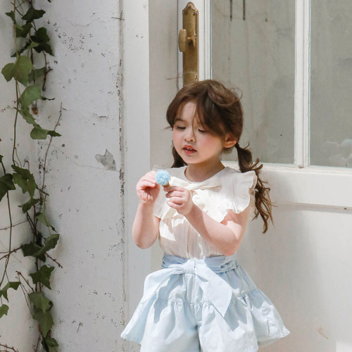 2024 Summer Strawberry Shan Korean Style Children's Clothes Girls Girls Tie Bow Lapel Shirt