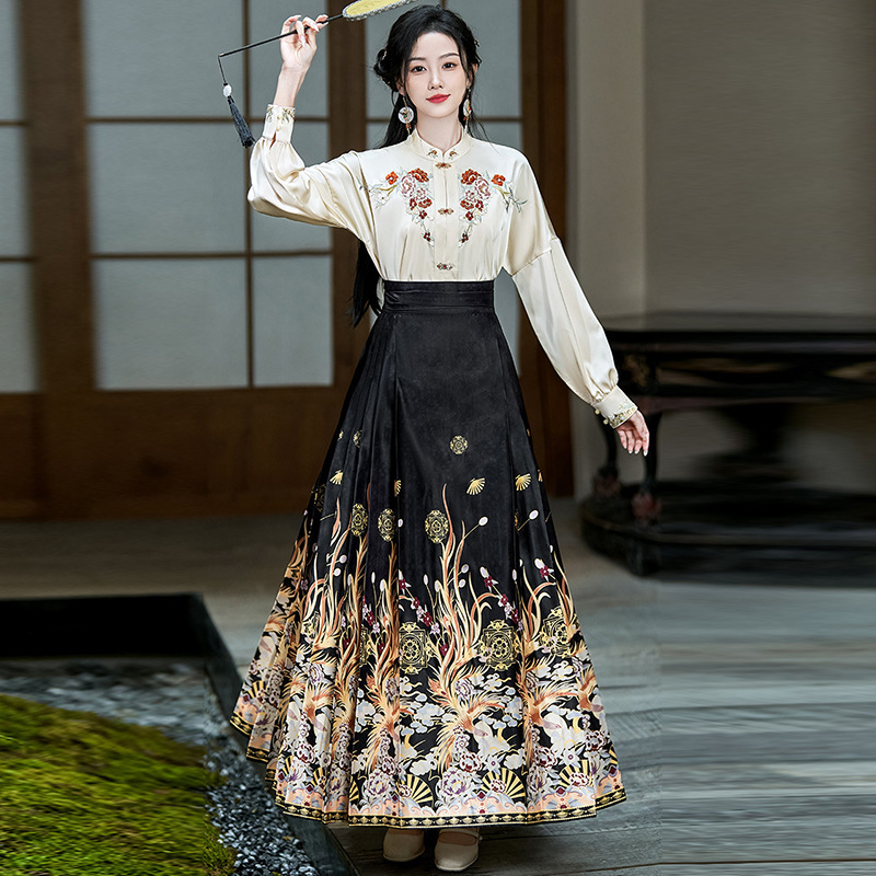 Gold Woven Horse Face Skirt Suit 2024 New Han Dynasty Improved Version Dress Han Element Daily Skirt for Women Autumn