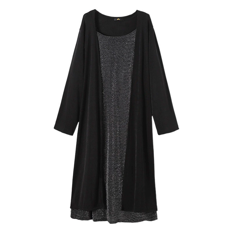 Комплект из кардигана и платья-комбинации для женщин больших размеров (130-320), новинка осени-зимы 2025, суперэластичный свободный комплект из двух предметов для полных женщин.